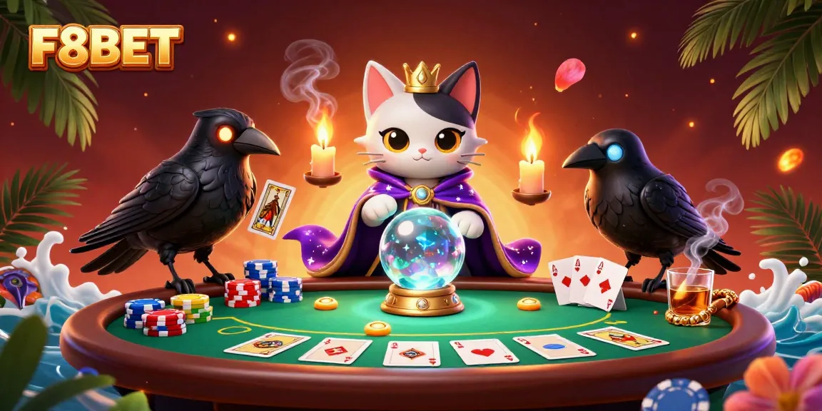 Experience thrilling moments at F8BET with a vibrant 3D casino scene featuring a mystic cat and fortune elements.