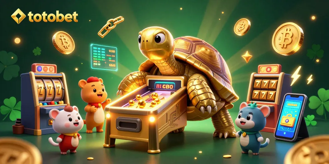 Engage with totobet for thrilling slot action featuring a colossal tortoise and glowing crypto elements.