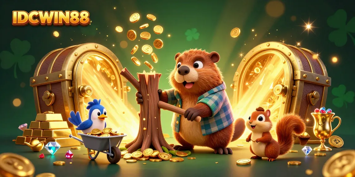 Experience thrilling gameplay with IDCWIN88's vibrant scene featuring gold coins, treasure, and exciting characters.