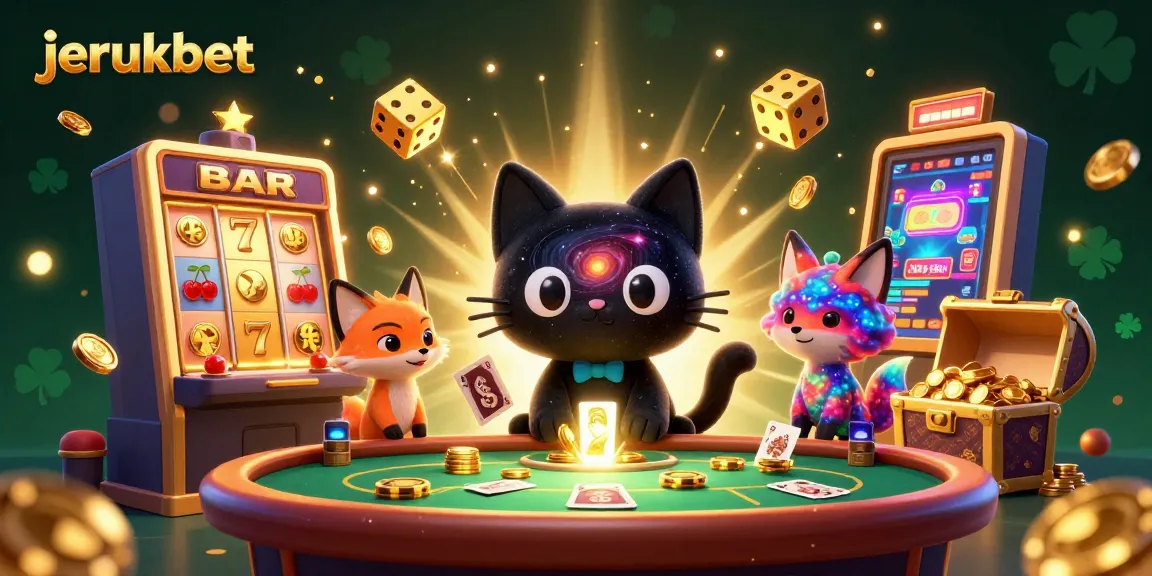Mainkan jerukbet dengan karakter kucing lubang hitam yang menarik chip emas dan kartu, dikelilingi elemen permainan menggiurkan.