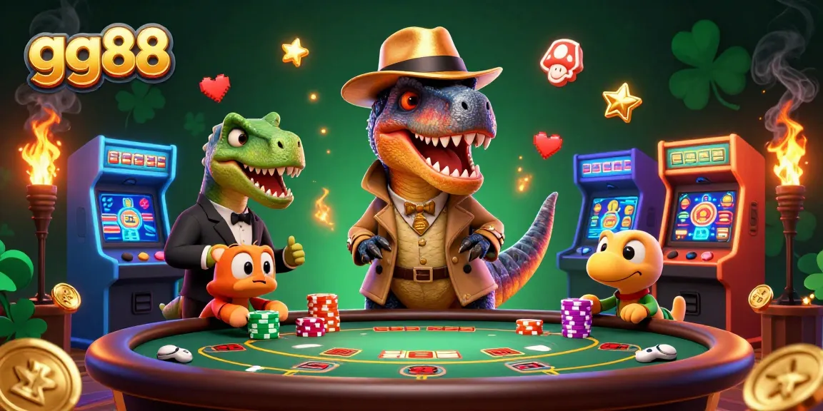 Win big at gg88 with cartoon dinosaurs playing blackjack amidst vibrant casino games.