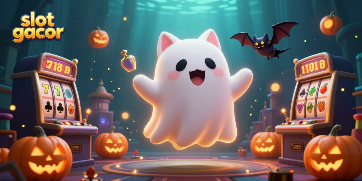 Slot gacor menampilkan kucing hantu 3D dan elemen perjudian dalam kasino bertema hantu.