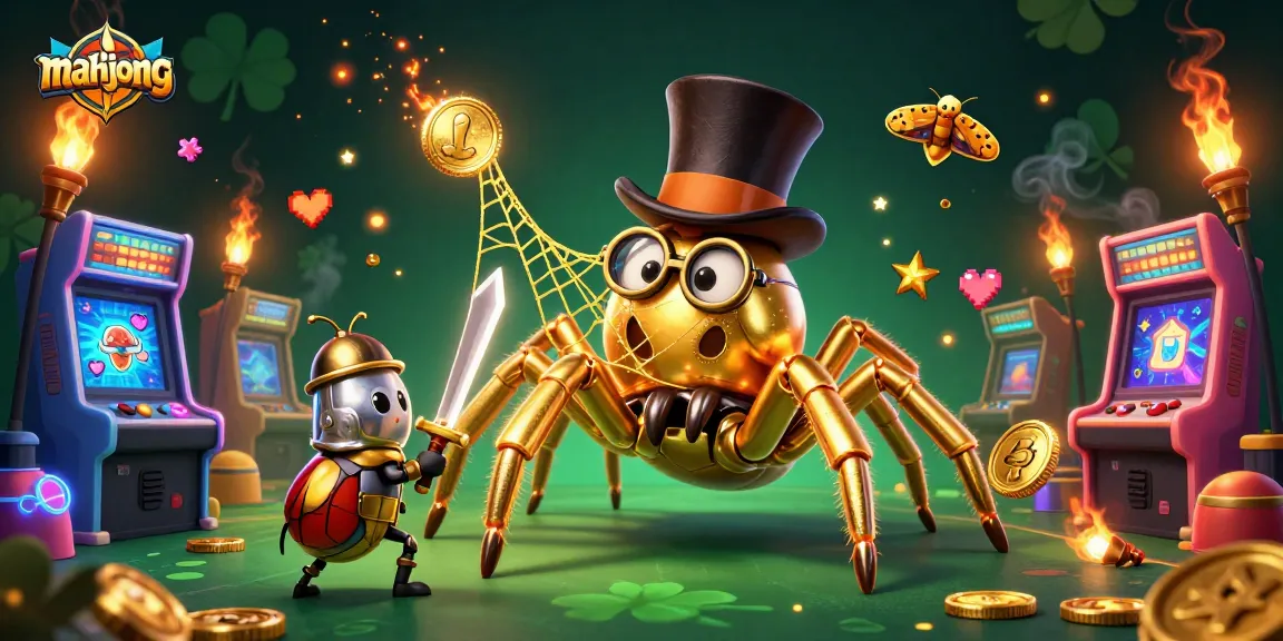 Engage in the exciting world of mahjong with golden tarantulas and knights, lively casino elements.