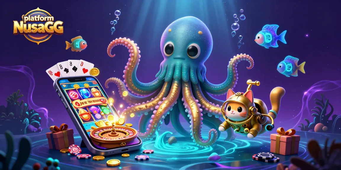 Engage with the platform NusaGG illustration featuring a colossal kraken and vintage diving cat amidst vibrant casino elements.