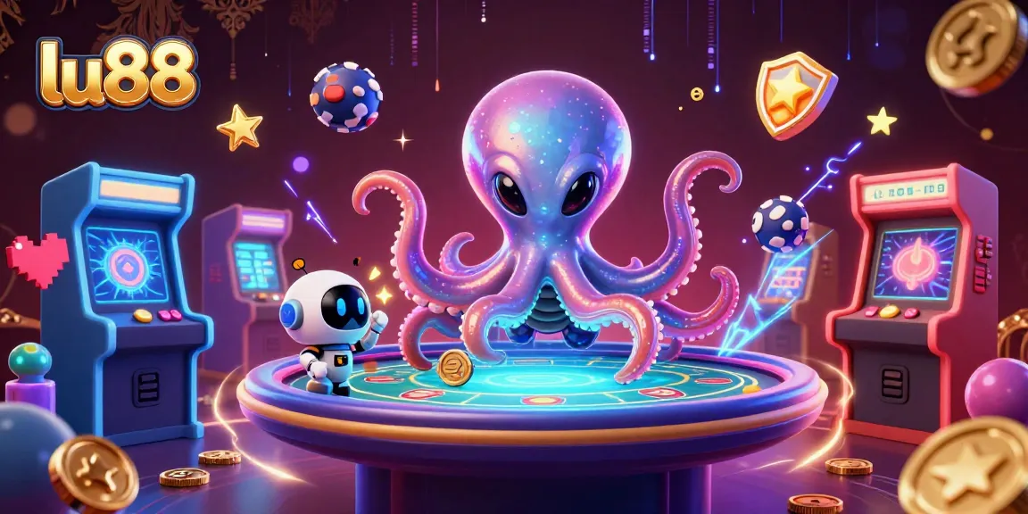 lu88 and its vibrant gaming scene are captured with a 3D octopus at a holographic poker table, showcasing a cosmic flair.