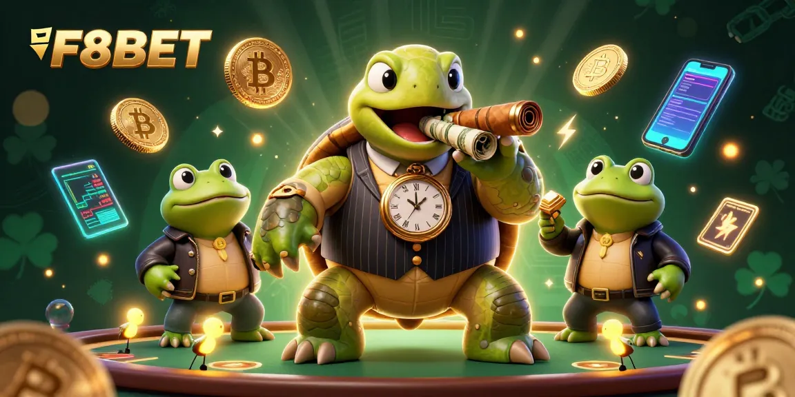 Engage with F8BET's vibrant casino world featuring a turtle mobster surrounded by crypto gaming elements.