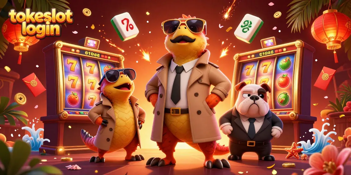 Engage in the exciting tokeslot login action within a vibrant casino scene featuring cartoon raptors and gaming elements.