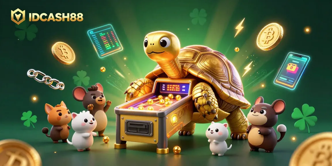 Play exciting slot games with IDCASH88, featuring golden tortoise pinball machine and crypto elements.