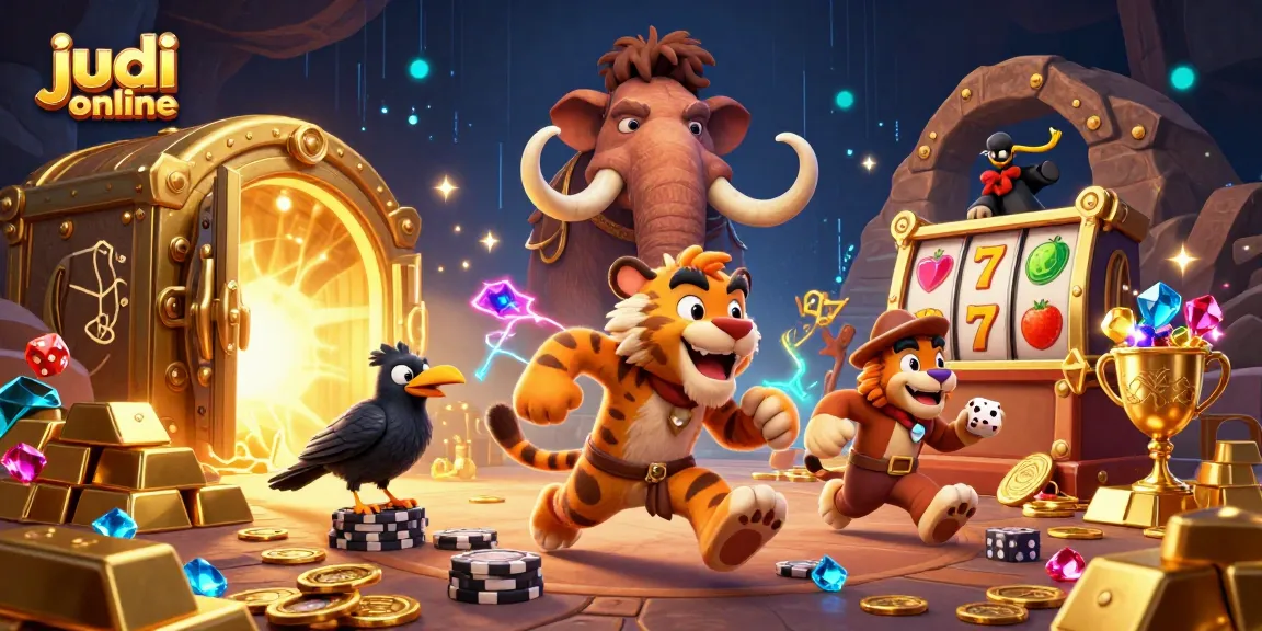 Pinnacle of judi online excitement with a caveman-casino themed 3D illustration showcasing vibrant slot elements, treasures, and unique characters.