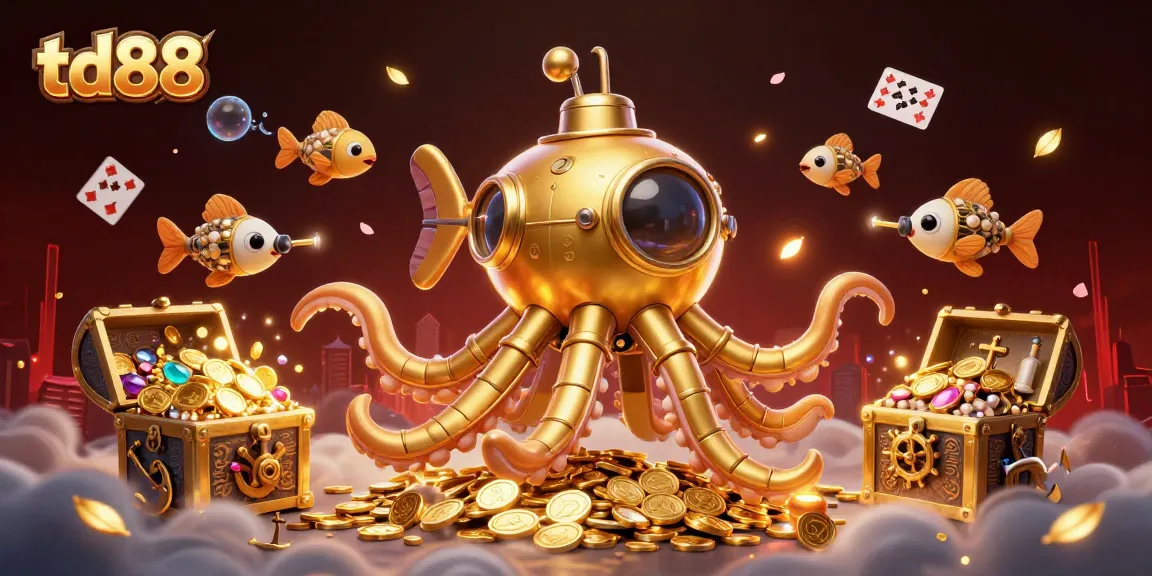 Experience thrilling gaming action with td88 as a golden kraken submarine emerges from coins.