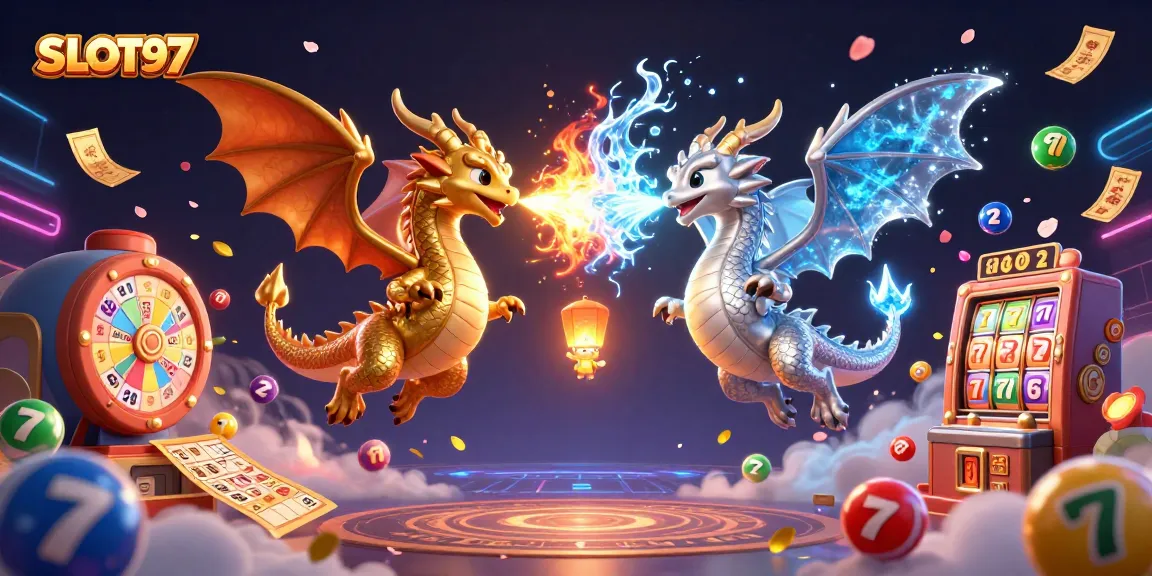 SLOT97 showcases dynamic gaming possibilities with vibrant characters and casino elements, including slot reels and lottery balls.