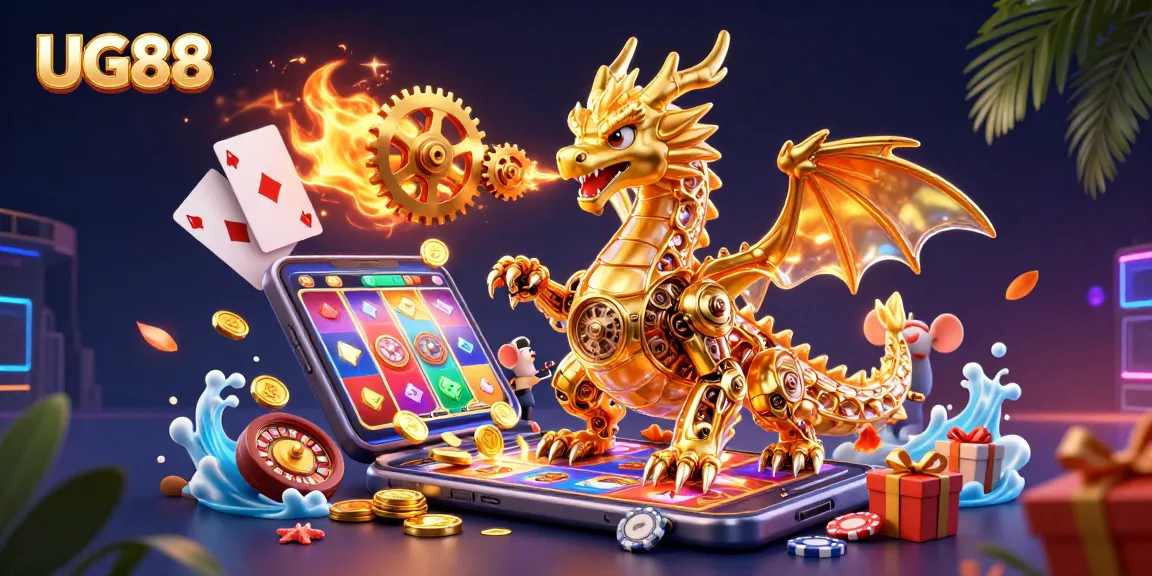 Engage with UG88's thrilling gaming action in a vivid 3D illustration filled with slot machines and casino elements.