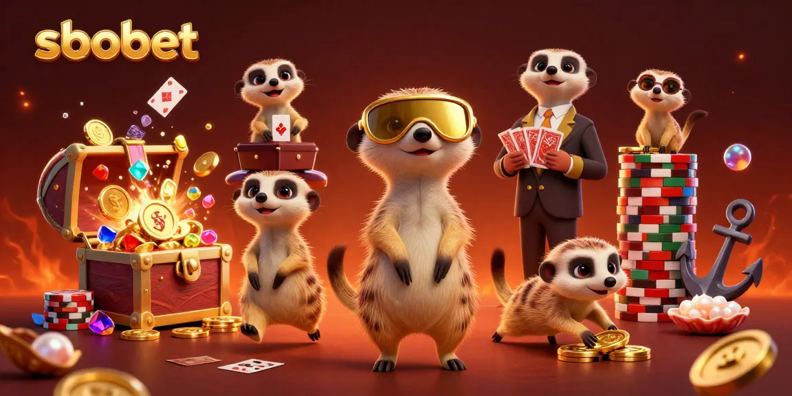 Taruhan sbobet di kasino virtual dengan meerkat mengelola permainan dan chip yang menyeruak.