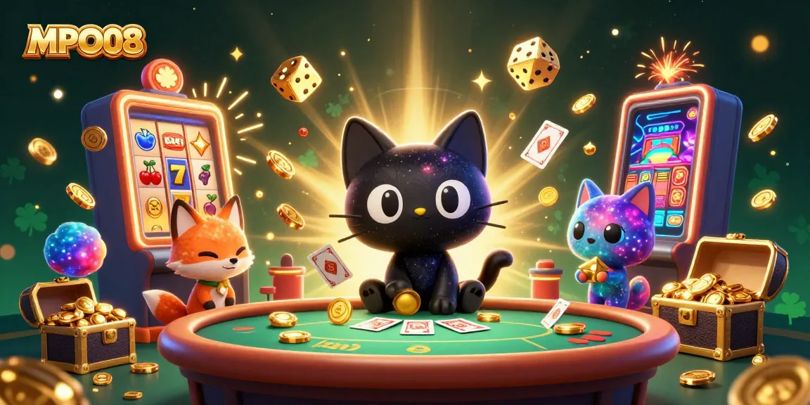 MPO08 illustrates a cosmic casino scene with captivating characters, golden chips, and jackpot excitement.