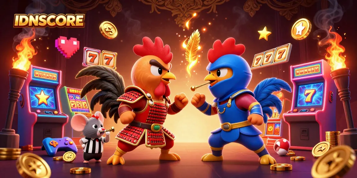 IDNSCORE showcases a thrilling standoff between samurai and ninja roosters in a vibrant casino arcade.