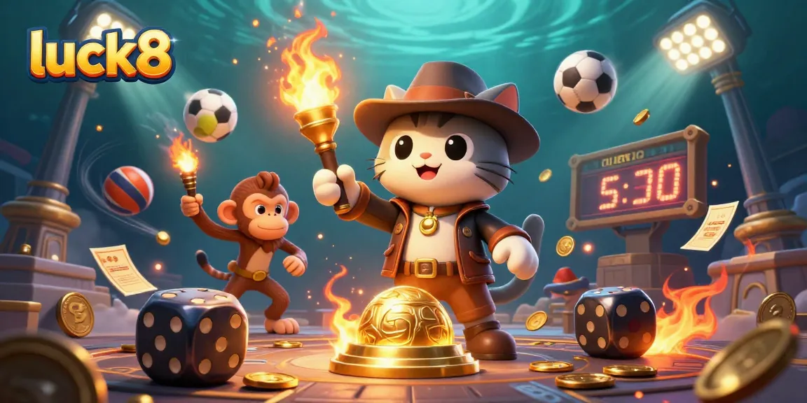 Experience luck8 gaming excitement as the explorer cat uncovers golden casino treasures amid dynamic sports elements.