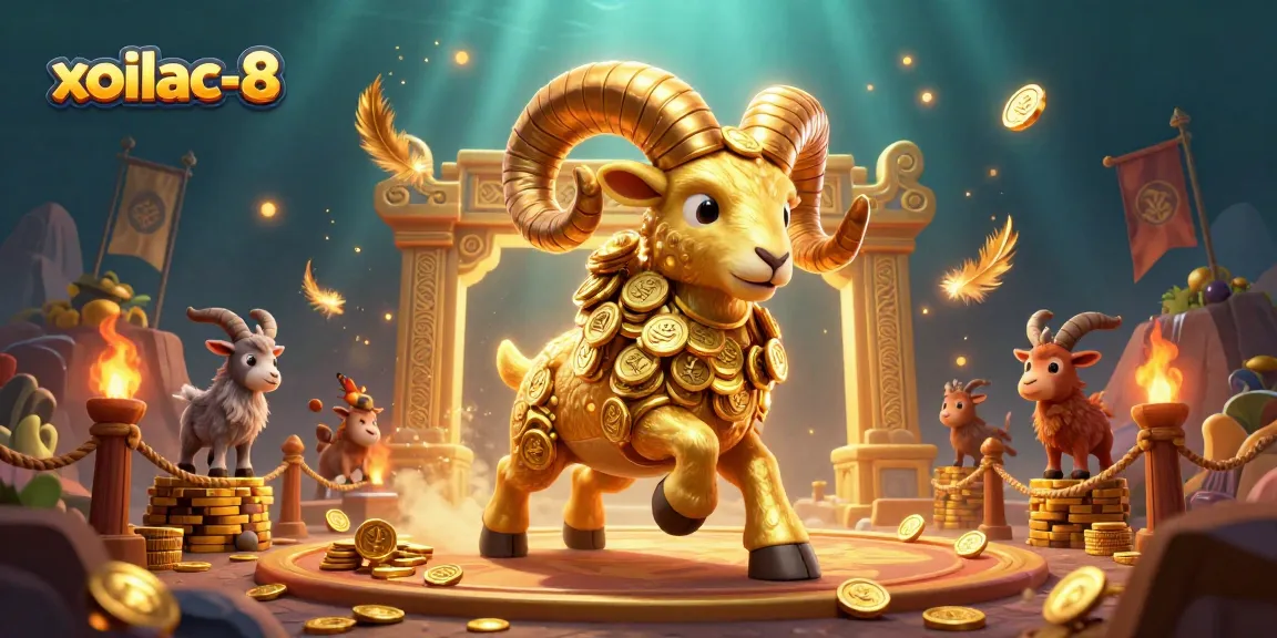 Xoilac-8 showcases an epic scene of a golden ram and goats amidst particles, setting the tone for a thrilling online casino experience.