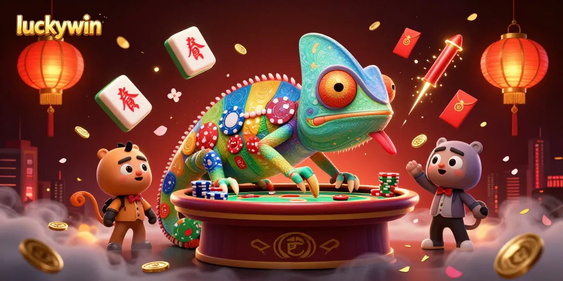 Experience excitement with luckywin in this vibrant casino scene featuring a dynamic chameleon owner.