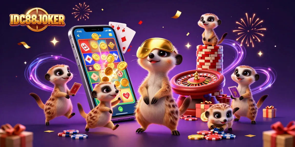 Engaging scene of IDC88JOKER themed casino with playful meerkats enjoying games and excitement.