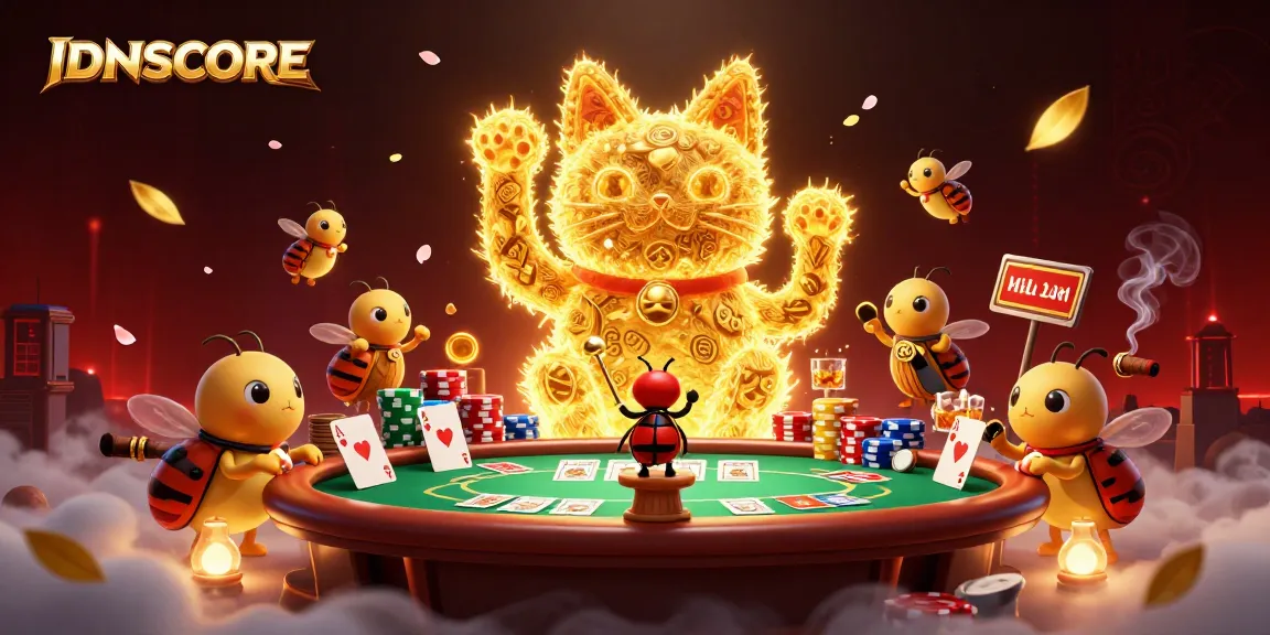 IDNSCORE engages players with a vibrant casino scene filled with poker elements and a lucky cat motif.