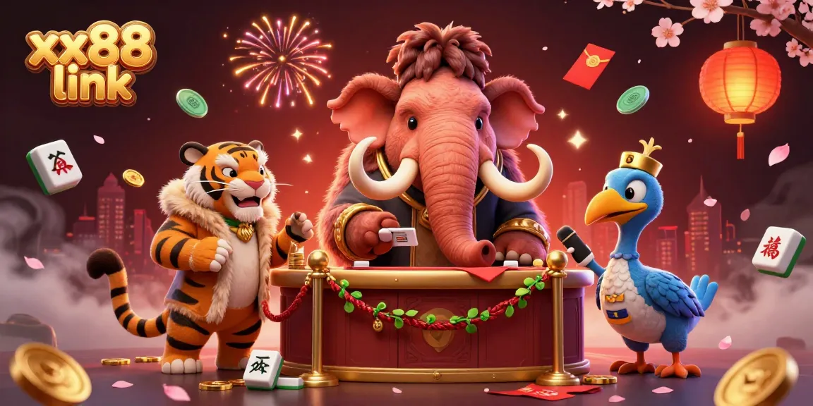 Join the action at xx88 link with a whimsical 3D casino scene featuring a woolly mammoth bouncer and festive decorations.