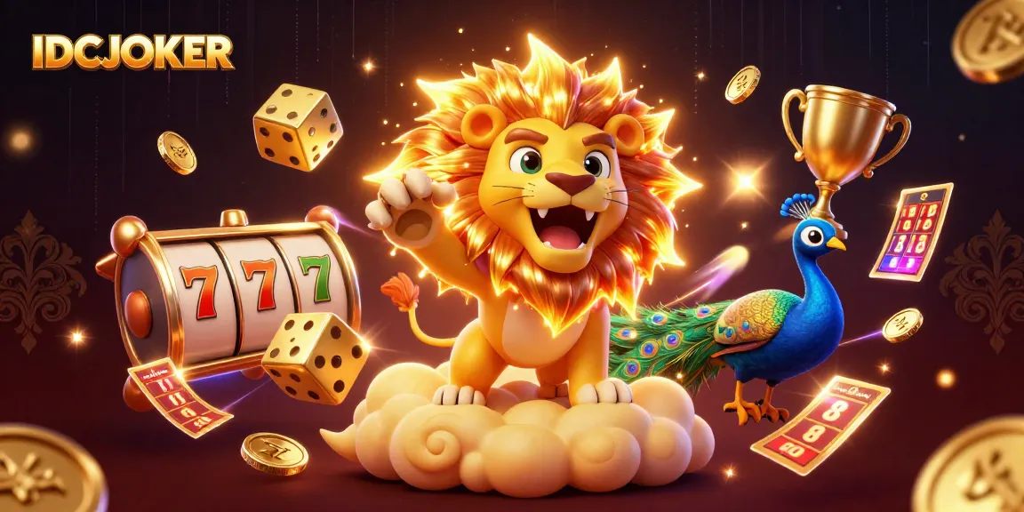 IDCJOKER brings excitement with a roaring sun lion amidst vibrant slot reels, jackpot counters, and golden dice.