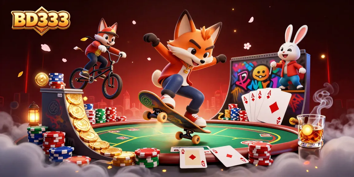 Experience the thrill of BD333 with a vibrant illustration of a fox and rabbit in a dynamic casino scene, surrounded by poker elements.
