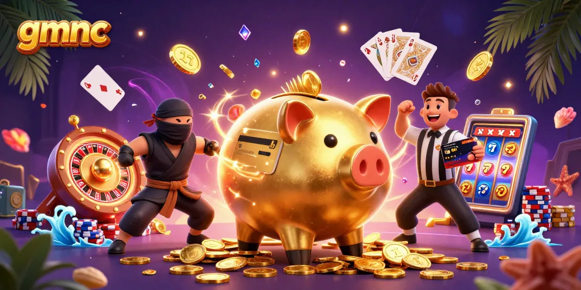 Engage with gmnc as a vibrant scene featuring a sumo wrestler piggy bank, coins raining, and gaming excitement.