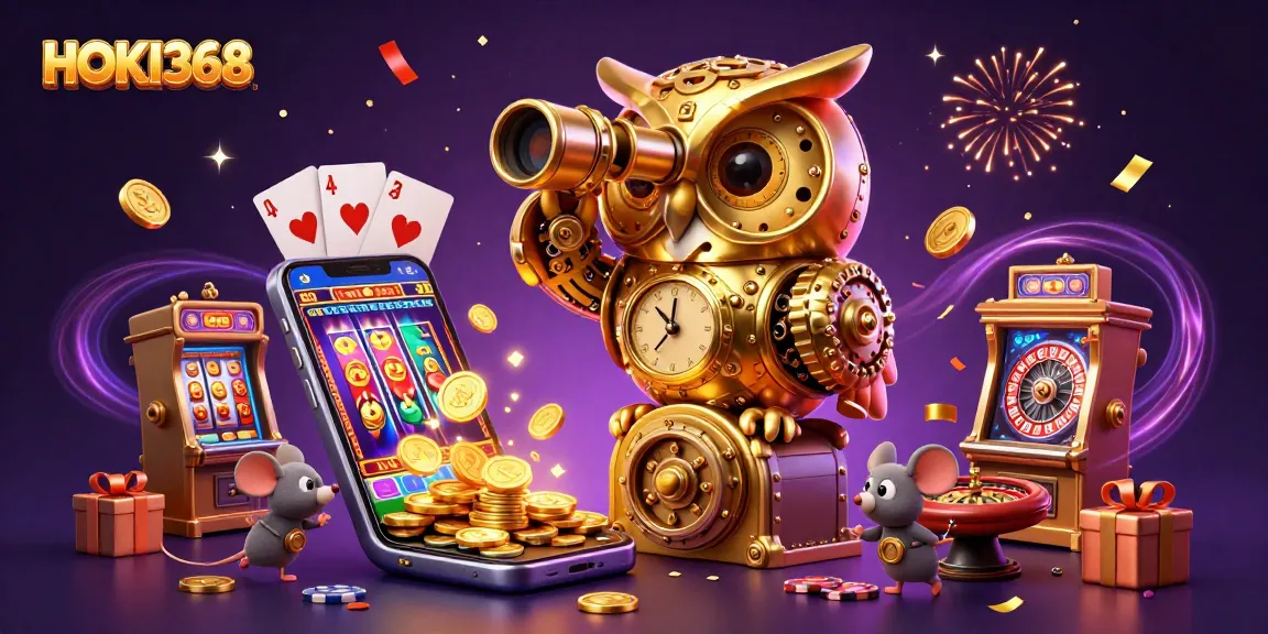 Experience HOKI368's thrilling casino atmosphere with a stunning golden owl overlooking dynamic gaming action.