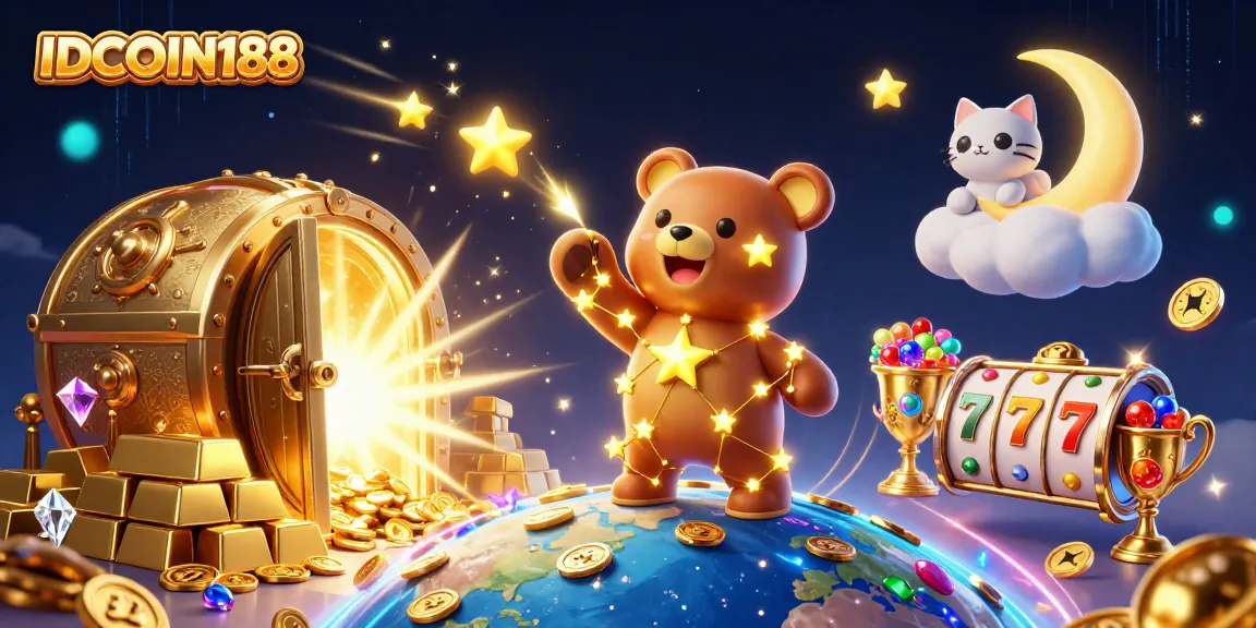 Experience the excitement of IDCOIN188 with a vibrant scene of slot reels and a treasure vault combined with whimsical characters.