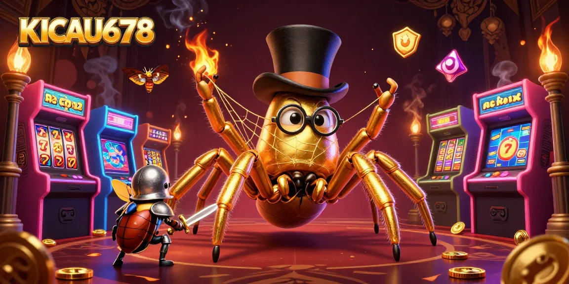 Engage in thrilling casino action with KICAU678's vibrant game environment featuring a giant tarantula and beetle knight.