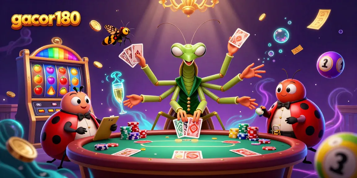 Gacor180 menghadirkan karakter kasino yang menarik dengan efek slot dan jackpot yang berkilauan.