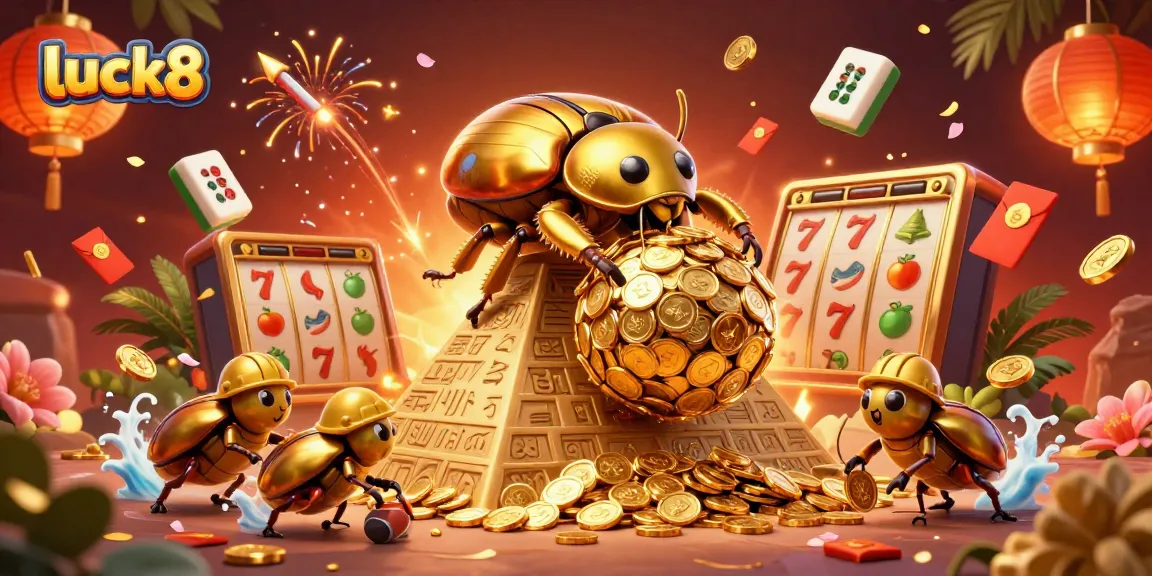 Experience the excitement at luck8 with golden beetles rolling coins up a casino-themed pyramid in vibrant detail.