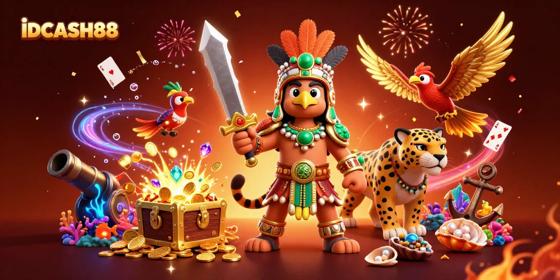 Play thrilling games at IDCASH88 with exciting features, an Aztec eagle warrior, and colorful gems.