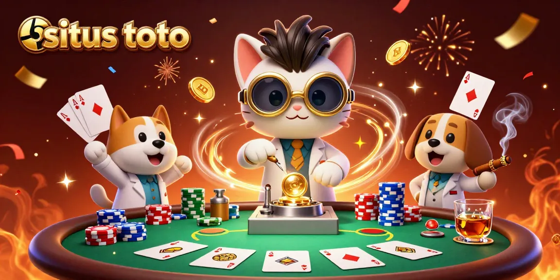 Menggandakan koin dalam laboratorium, "situs toto" dengan kucing ilmuwan dan anjing asisten menyiapkan permainan poker.