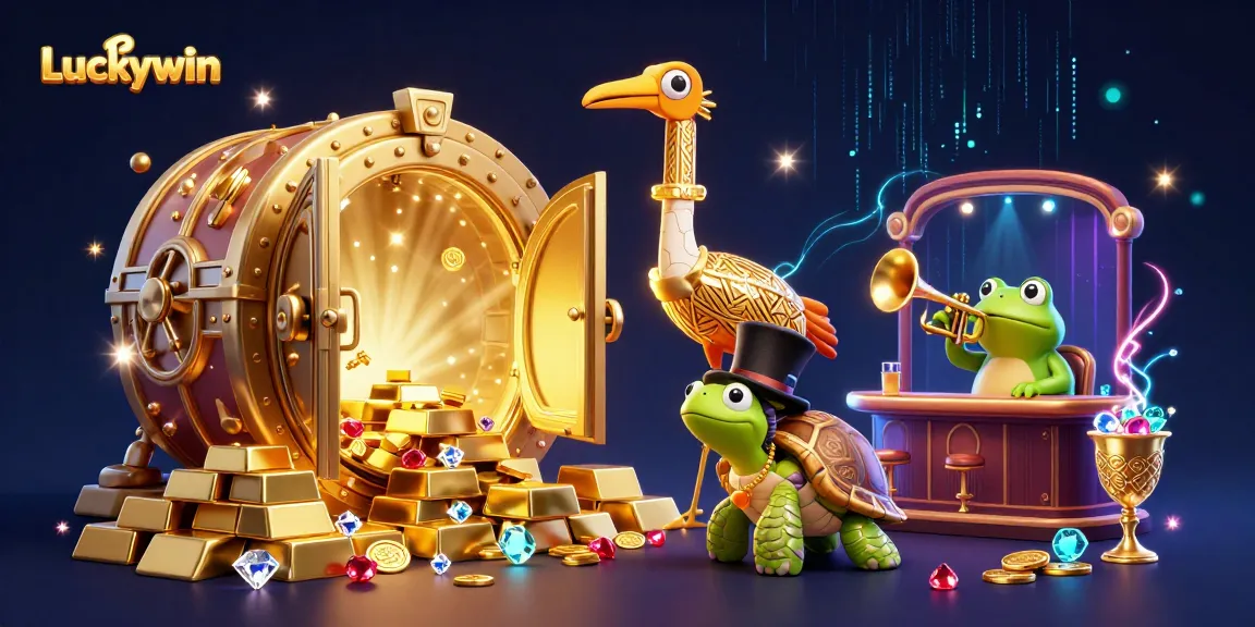 Experience the excitement at Luckywin's casino scene with vibrant characters and dazzling treasures.