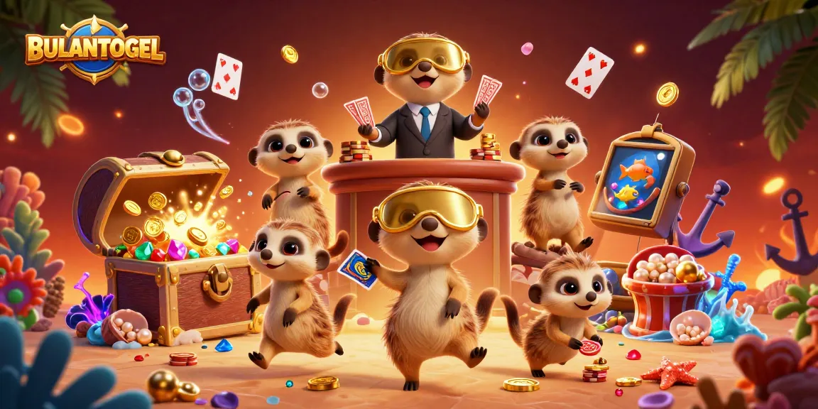 BULANTOGEL casino action scene with playful meerkats amidst sparkling treasure and vibrant game elements.