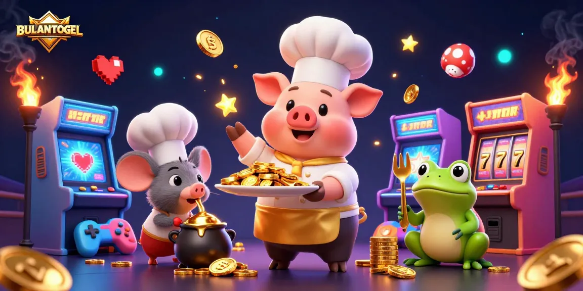 BULANTOGEL showcases an exciting casino scene featuring a cartoon chef pig, sous-chef mouse, and critic frog.