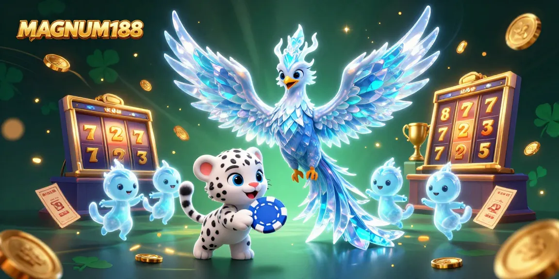 Spin the reels with MAGNUM188 in a vibrant 3D scene of luck and winning potential.