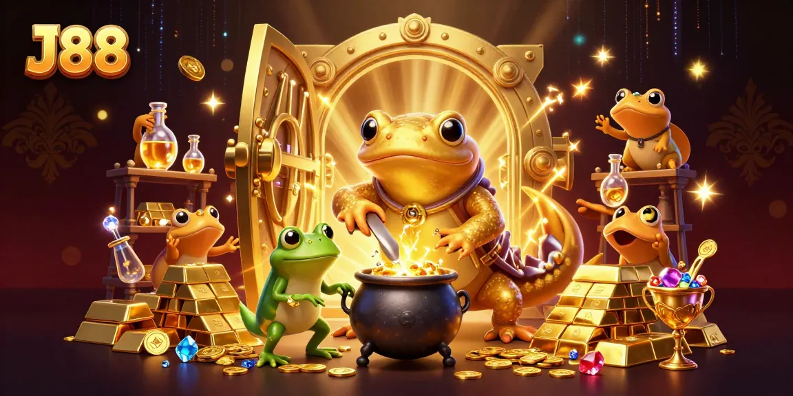 J88 illustrates a vibrant, action-packed cartoon casino scene with rich gold and jewels.