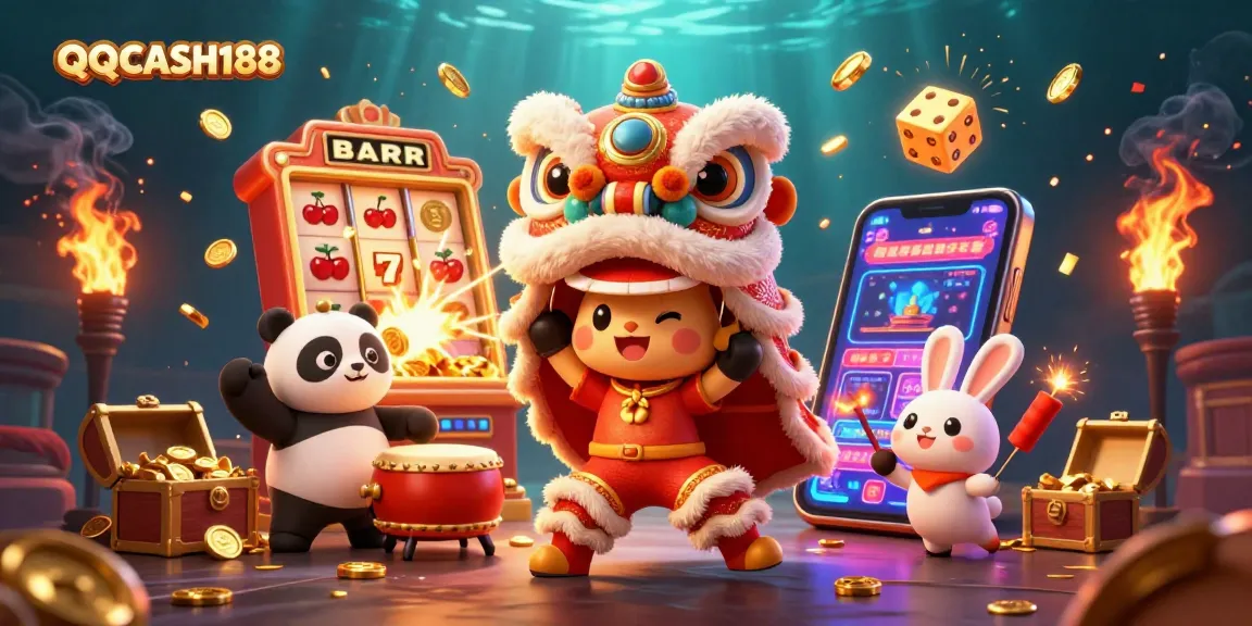 Engage with QQCASH188 in this vibrant casino scene featuring dancing characters and jackpot excitement.