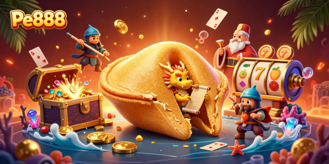 Experience the excitement of Pe888 with a vibrant casino scene featuring a golden fortune cookie and game elements.