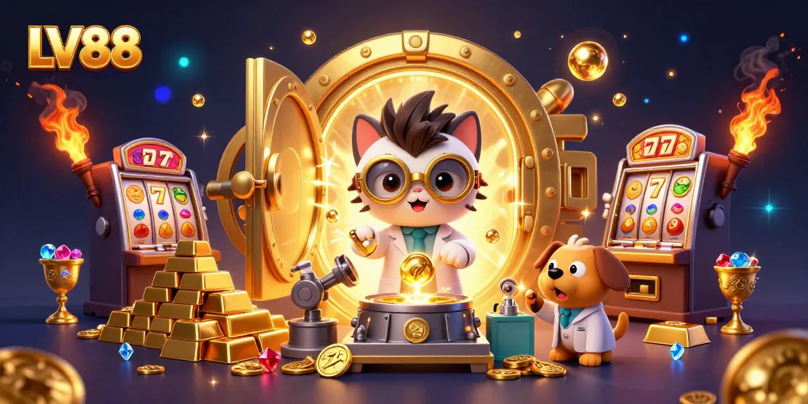 LV88 casino scene with a mad scientist cat and assistant in a colorful slot machine lab.