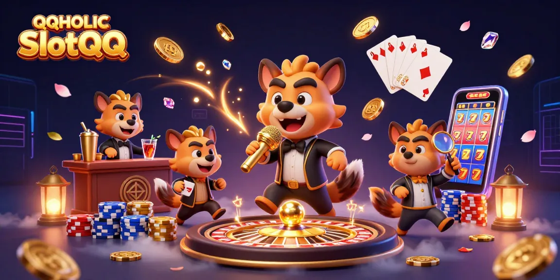 Experience the thrill of QQHOLIC SlotQQ with vibrant characters and captivating casino elements.