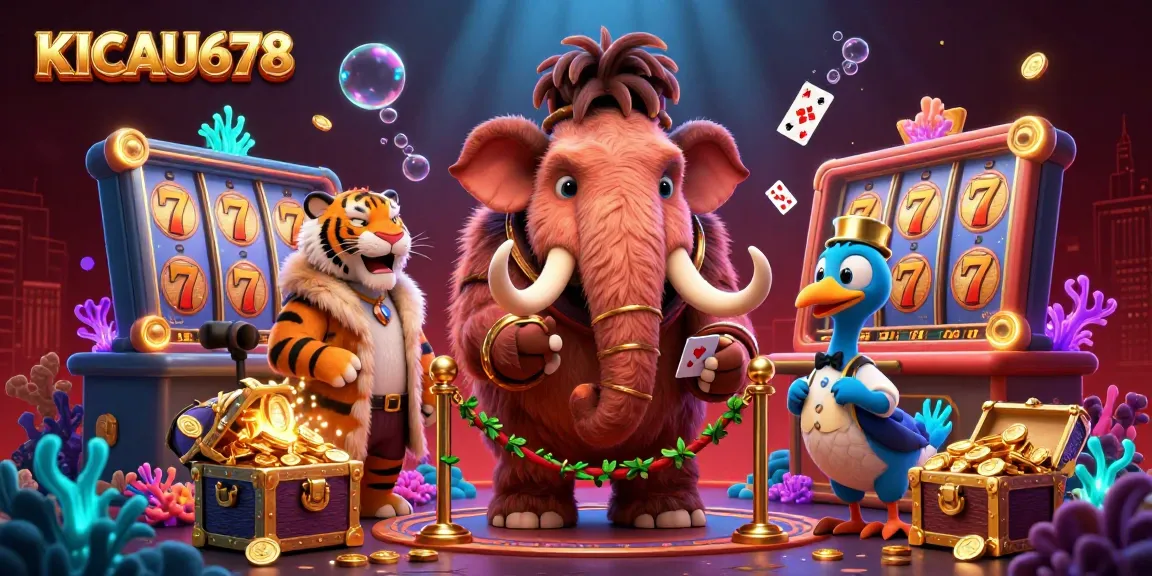 KICAU678's vibrant gaming scene features a woolly mammoth bouncer and saber-tooth tiger amidst golden treasures.