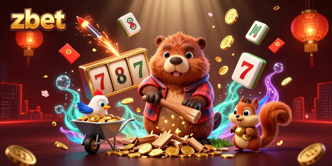 ZBET offers thrilling gameplay as a 3D cartoon lumberjack beaver chops a tree raining coins, perfect for casino enthusiasts.