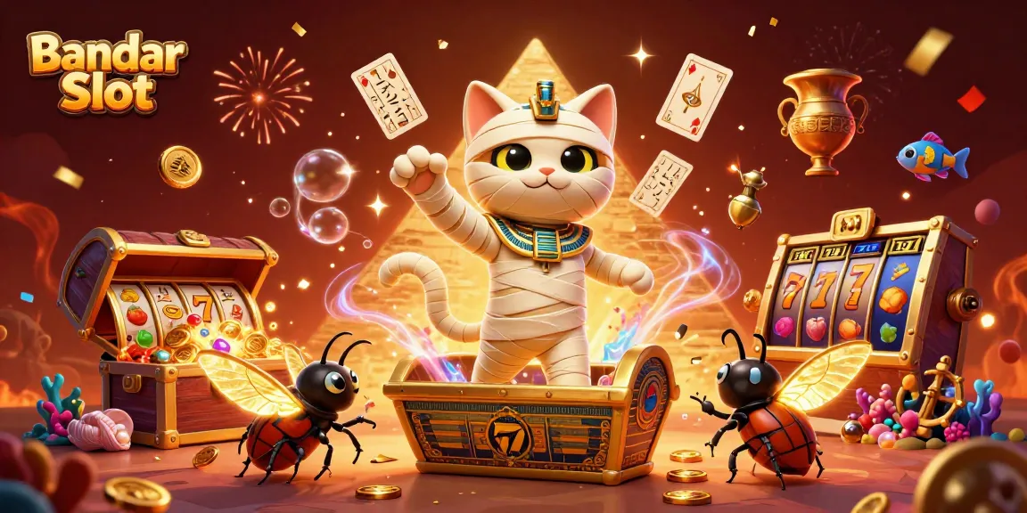 Experience thrilling wins at Bandar Slot casino with an Egyptian mummy cat and vibrant slot elements.