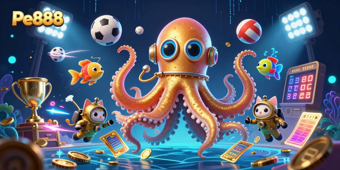 Experience the thrill of Pe888 with a colossal kraken, diving cat, and vibrant sports elements.