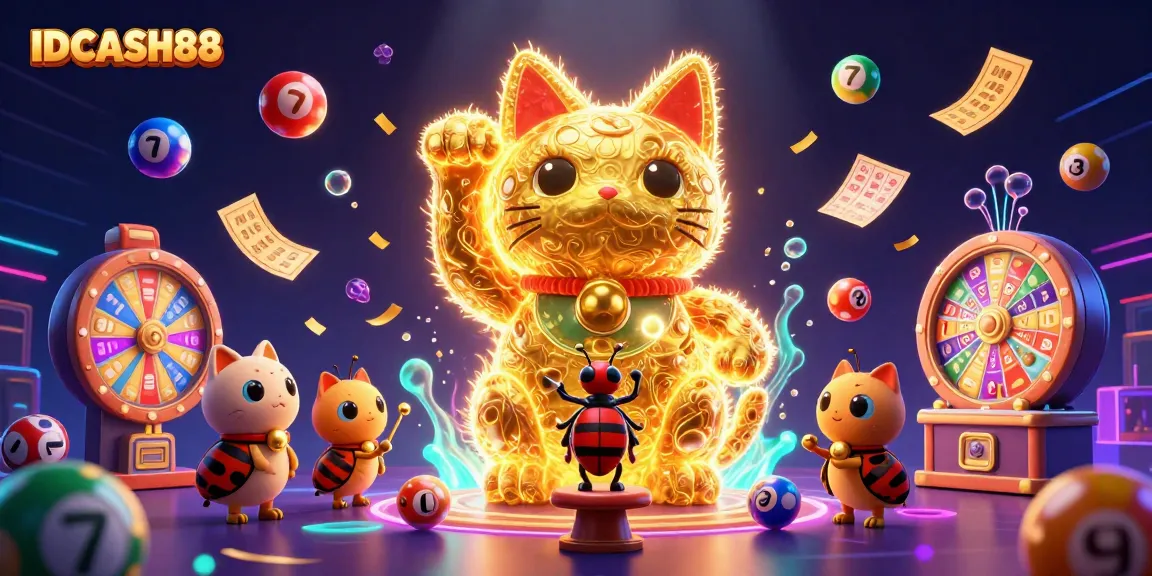 Play and win with IDCASH88 in a vibrant casino scene featuring a lucky cat.