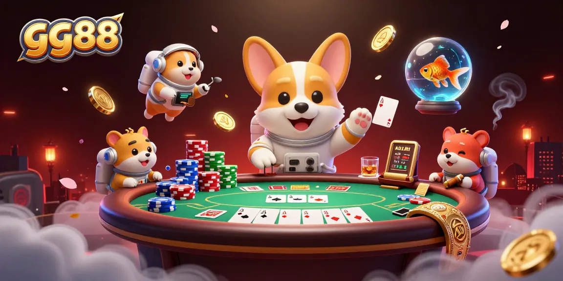 Engage with gg88's vibrant casino scene featuring a floating astronaut corgi, poker elements, and dynamic game activities.